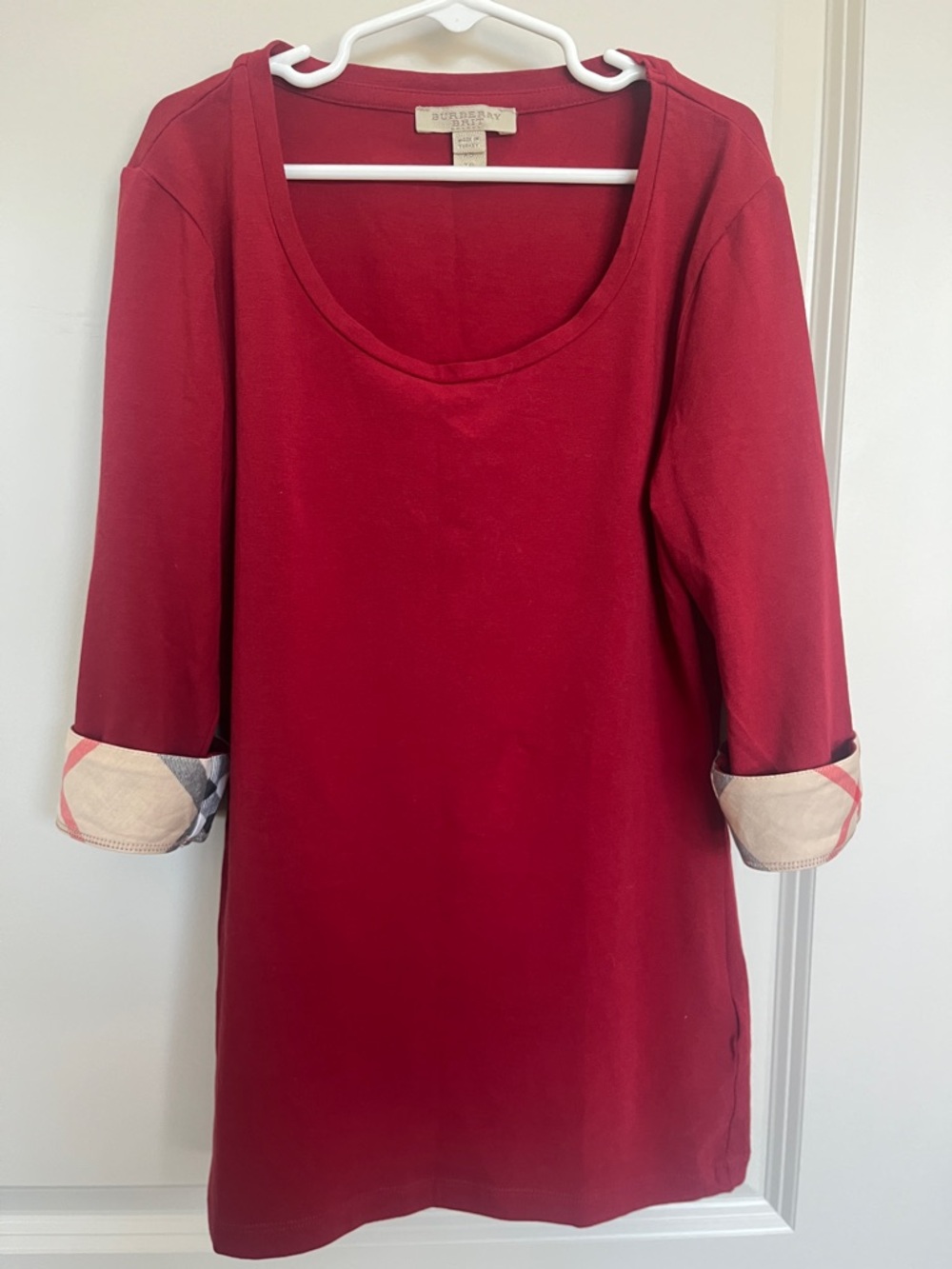 Burberry Red Short Sleeve Top with Signature Check Cuffs